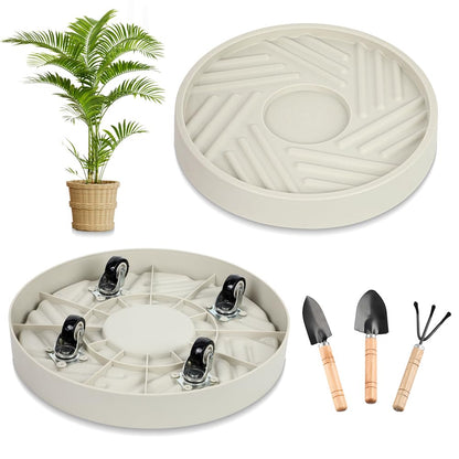 UoeRing 2 Pcs Plant Caddy with Hidden Wheels 10 Inch Heavy Duty Rolling Plant Stand, Indoor Outdoor Plant Saucer Tray with $9.9 Garden Tools (Beige)