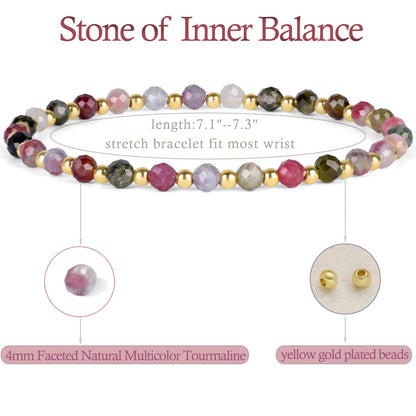 QOGIR Multicolor Tourmaline - Stone of Inner Balance - 14K Gold Plated Beads Natural Gemstone Stretch Elastic Dainty Healing Beaded Bracelets Gifts 4mm