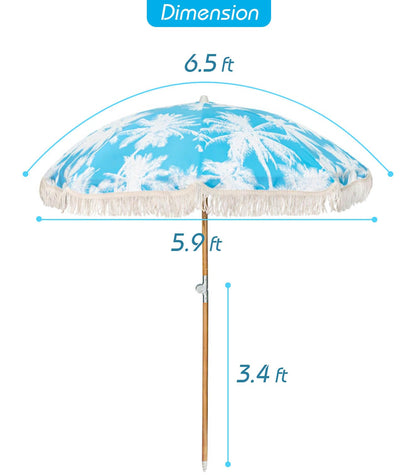 STANDERECT 6.5Ft Boho Beach Umbrella with Fringe, Tassel Umbrellas with Tilting Wood Pole & Carrying Bag, UPF 50+ for Beach (Palm)
