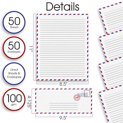 ArtCreativity 100 Pieces Vintage Stationery Paper and Envelopes Set - 50 Double Sided Airmail Sheets and 50 Envelopes - Pen Pal Stationery Letters and Envelopes with Air Mail Design