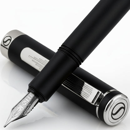 Scriveiner Luxury EDC Fountain Pen (Fine), Stunning Matt Black Pocket Pen, Chrome Finish, Schmidt German Nib, Converter, Best Writing Pen Gift Set for Men & Women, Nice Fancy Office Designer Pen
