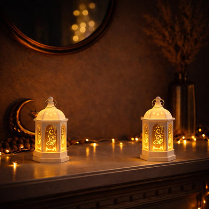 LED Ramadan Lanterns Decorations, Eid Decorations for Home and Table, Small Ramadan Lights with Hanging Rings, Moon & Star Eid Decor, Islamic Home Decor & Muslim Eid Gift (2 Pack)