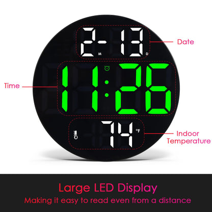 Digital Wall Clock with Large LED Display, 5-Brightness, Temperature, Low-Reflectivity, Small Silent Non-Ticking Modern Electric Wall Clock for Bedroom, Living Room, Office, Classroom, Farmhouse