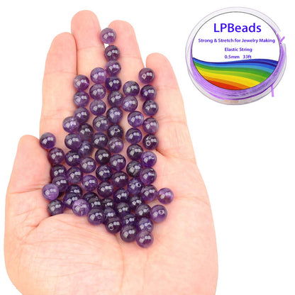 LPBeads 100PCS 8mm Natural Amethyst Beads Gemstone Round Loose Beads for Jewelry Making with Purple Stretch Cord