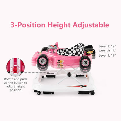 INFANS Foldable Baby Walker, 3 in 1 Toddler Activity Center Leaning-Seated Walk-Behind with Steering Wheel, Adjustable Height, Lights, Music, Washable Seat Cushion (Pink)