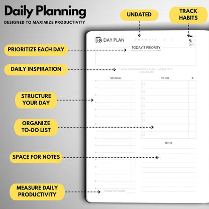 Wyze Planner Undated Daily Planner – 3-Month A5 Productivity Organizer with Full Page Per Day, Hourly Schedule, Goal Setting, Habit Tracker, Weekly & Monthly Pages – Hardcover Time Management Notebook (Black)