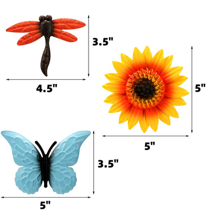 Pumtus 9 Pack Metal Flowers Wall Decor, Small Outdoor Fence Decoration, Butterfly Dragonfly Wall Art Ornament, Hanging Sunflower Animal Sculptures for Garden Patio Backyard Deck Home