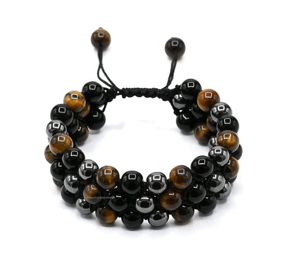 Amazing Gemstone Triple Protection Bracelet - Hematite Black Obsidian Tiger Eye Bracelet Set for Men Women Healing Calming Anxiety Stress Relief Gifts Stocking Stuffer (Adjustable, 3 Layer)