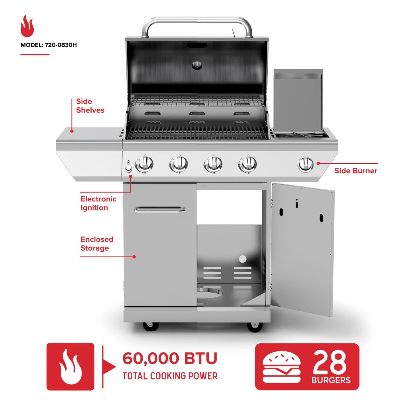 Nexgrill 4-Burner Propane Gas Grill in Stainless Steel with Side Burner, 60000BTUs, 626 sq. in. Cooking Space, Perfect for Outdoor Cooking & Grilling, Patios, BBQ, Backyards, Silver, 720-0830H
