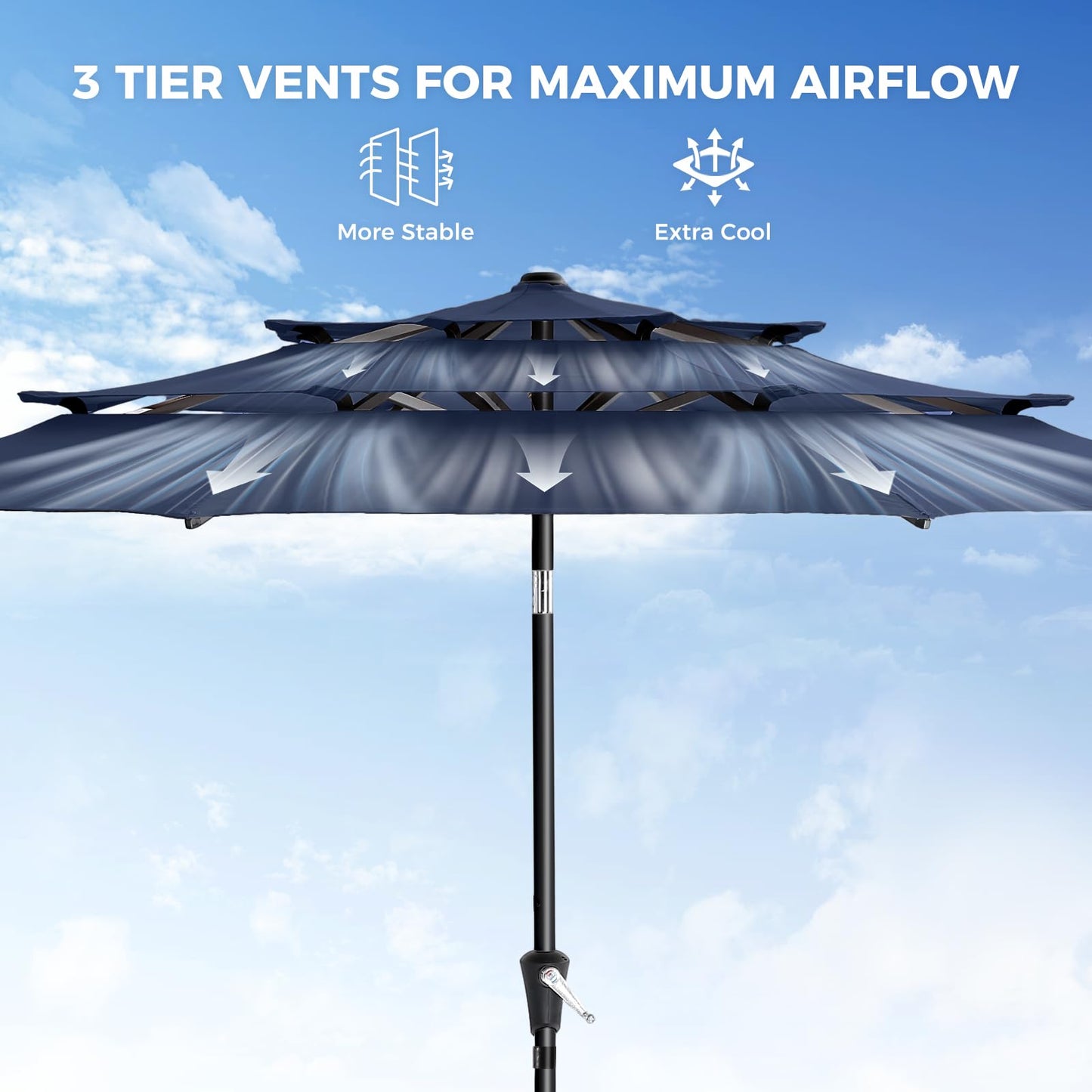 HOMSHADE 9FT 3-Tiers Outdoor Patio Umbrella with 5-Year Fade Resistant,Vented Outdoor Commercial Market Umbrella with UPF50+ UV Protection & Push Button Tilt and Crank for Pool,Backyard(Navy Blue)