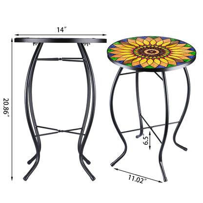 VCUTEKA Sunflower Outdoor Side Table, Mosaic Design, Small Glass Top, Round, Patio Side Table, Balcony Coffee Table, Indoor, 14 inches, Yellow