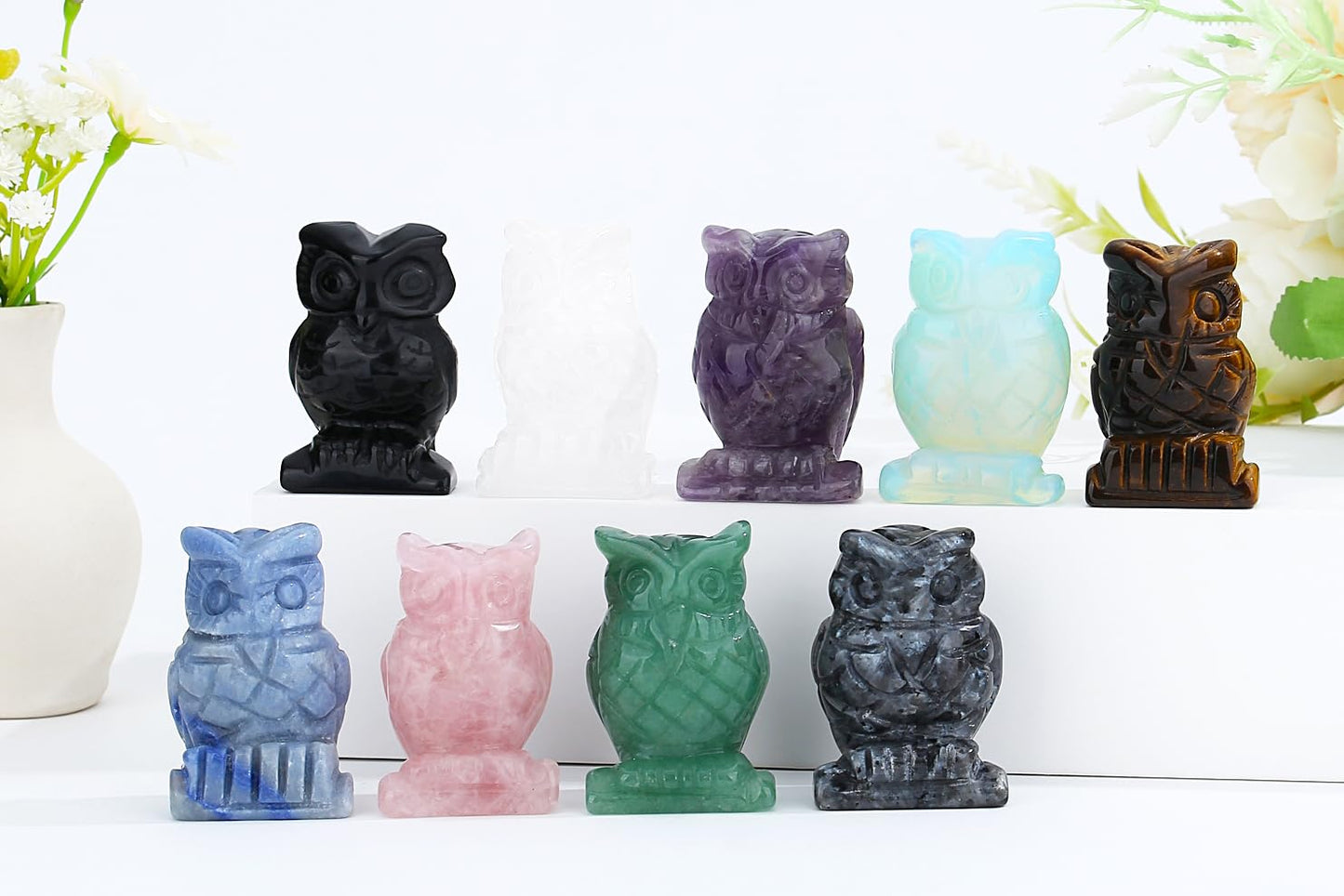 YATOJUZI Blue Aventurine Owl Crystal Decors Natural Crystals Stones Polished Hand-Carved Sculpture Statue Figurines Cute Animal Pocket Gemstone Reiki Energy Gifts Home Room Office Desk Decoration 2”