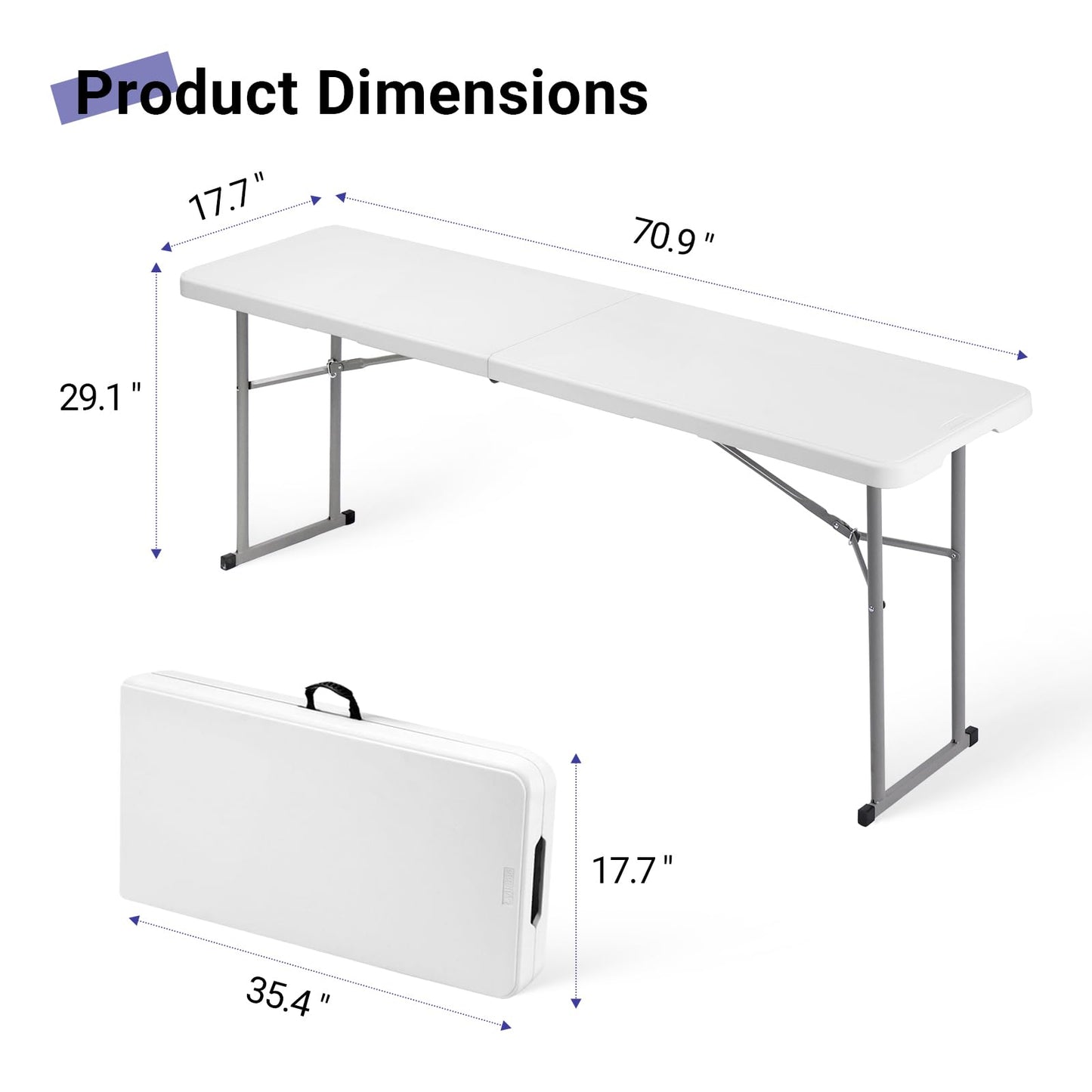 Byliable Folding Table 6FT Narrow Portable Foldable Plastic Heavy Duty Long Table, Fold-in-Half with Carrying Handle for Indoor Outdoor Meeting, Buffet, Party, Wedding, Home Work, 6 Foot, White