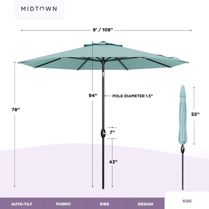 Midtown Umbrellas - 10-Year-No-Fade 9 Ft Patio Umbrella with Terylast Fabric, Auto-Tilt Aluminum Frame and 8 Reinforced Ribs for Deck, Pool, Garden & Beach - Aqua Canopy, Black Pole