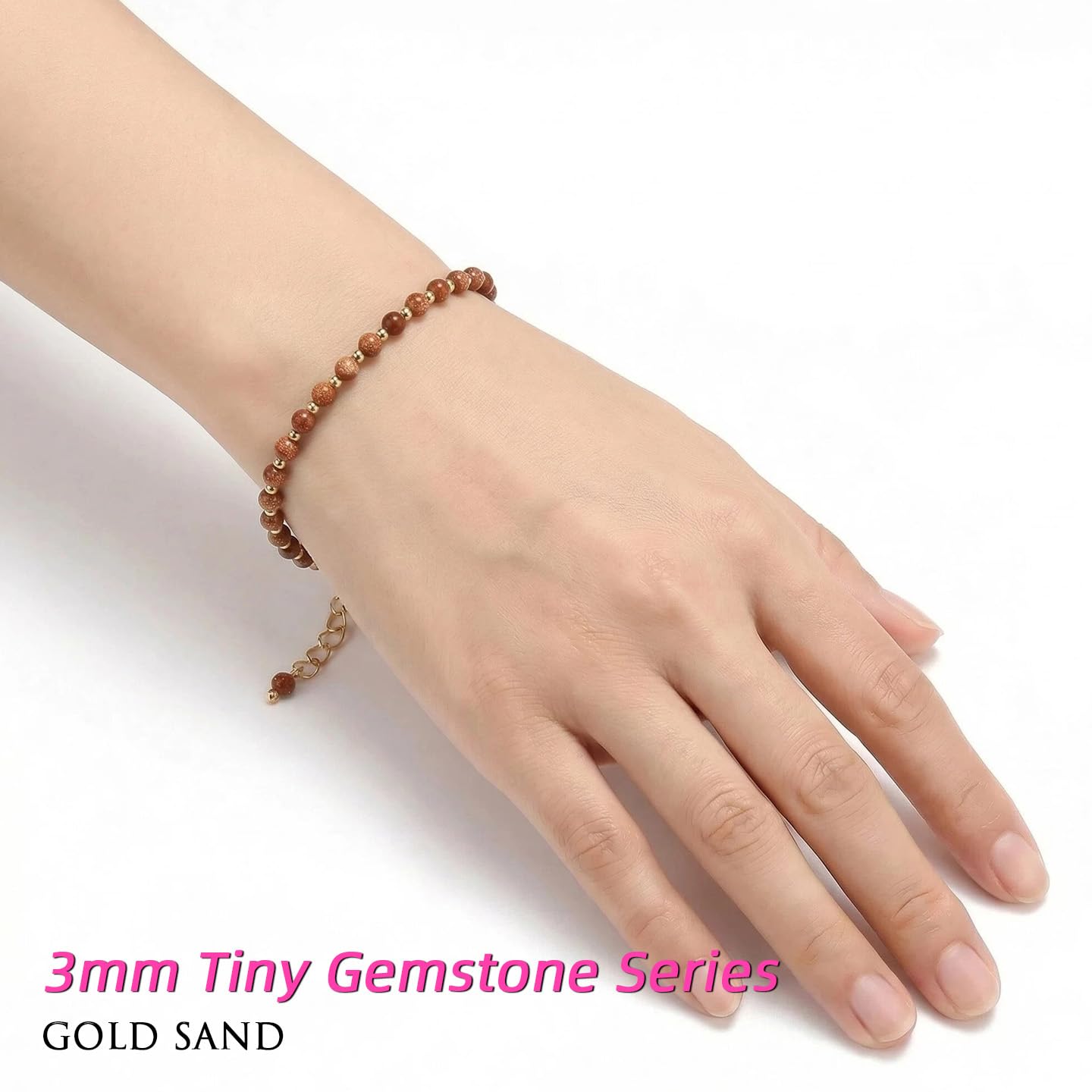 Morchic 3mm Goldstone Natural Gemstone Beaded Bracelet for Women, Dainty Tiny Charm Jewelry, Adjustable 7.1-8.6", Ideal Birthday Holiday Gift