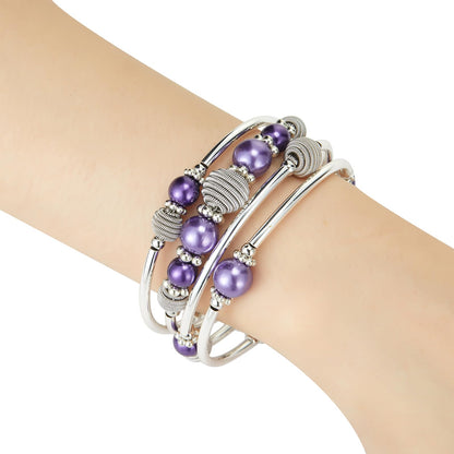 Beaded Chakra Bangle Turquoise Bracelet - Fashion Jewelry Wrap Bracelet with Thick Silver Metal and Mala Beads, Birthday Gifts For Women(Purple pear)