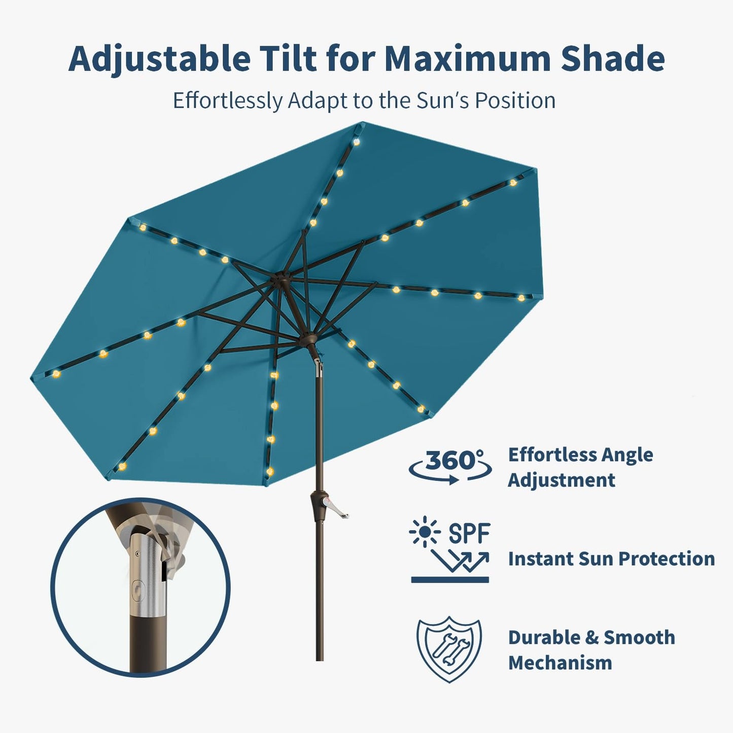 Patio Kingdom 9FT Solar Umbrella 32 LED Lighted Patio Umbrella Table Market Umbrella w/Tilt and Crank, UV-Resistant Outdoor Umbrella for Pool, Garden, Deck, Lake Blue