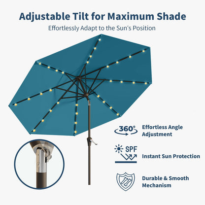 Patio Kingdom 9FT Solar Umbrella 32 LED Lighted Patio Umbrella Table Market Umbrella w/Tilt and Crank, UV-Resistant Outdoor Umbrella for Pool, Garden, Deck, Lake Blue