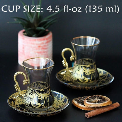 Vissmarta Gold Vintage Turkish Tea Glasses Cups and Saucers Set of 6 Drinking Glassware Party Adults Fancy Serving Coffee Tray Drinks Kettle Women Christmas Gift Teacup Handle Moroccan Drinkware Rim