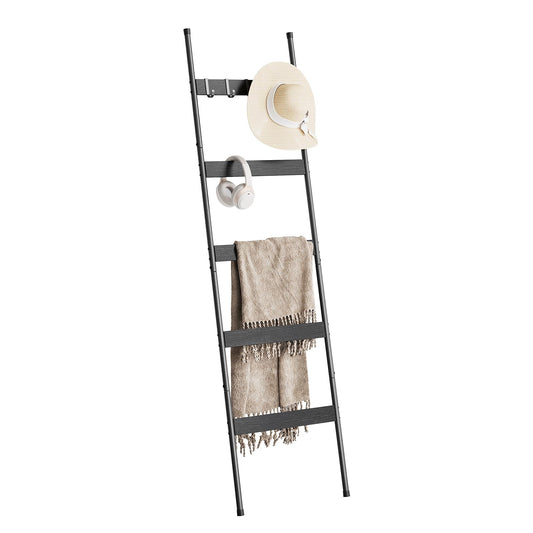 ELYKEN Blanket Ladder for Living Room, Farmhouse 5-Tier Quilt Holder with 4 Removable Hooks for Bathroom, Wood Towel Rack Display, Wall Anchor Leaning Decorative Stand for Home, Black
