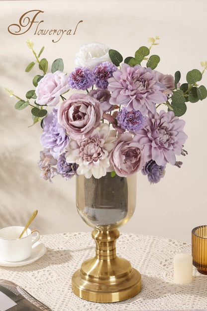 Floweroyal Artificial Flowers Combo Purple Flowers Mix Silk Flowers Dahlia Roses with Stems for DIY Wedding Bridal Bouquets, Baby Shower, Floral Arrangement, Table Centerpieces, Home Decorations.