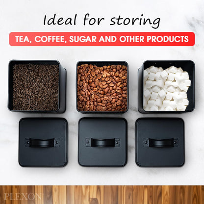 Plexon Canisters Sets for the Kitchen, Kitchen Canisters for Countertop Set of 3, Canister Sets with Lids and Copper Labels, Black