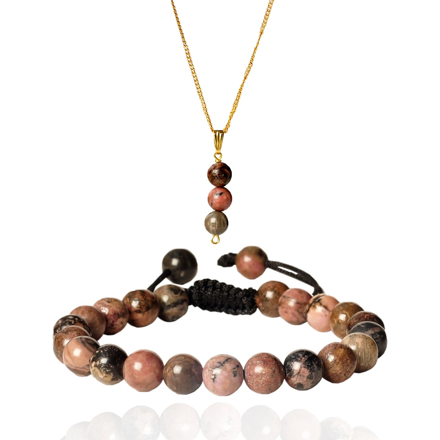 Rhodonite Bracelet & Pendant necklace - Natural Rhodonite Stone jewlery set handcrafted with 8 mm Beads, For Self-love and Self-acceptance - Free Size Unisex Adult