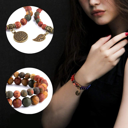 Bivei Natural Semi Precious Gemstone Beaded Bracelets for Women - Life Tree and Leaf Charm Chakra Crystal Picasso Jasper Beads Stretch Bracelet, 8 Inch(Multi-color Picasso Jasper)