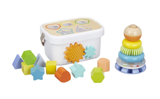 Amazon Basics Wooden Shape Sorter and Rainbow Stacker Classic Baby Toy Set-Sorting Play for Infants Age 12M+, Medium, Multicolor