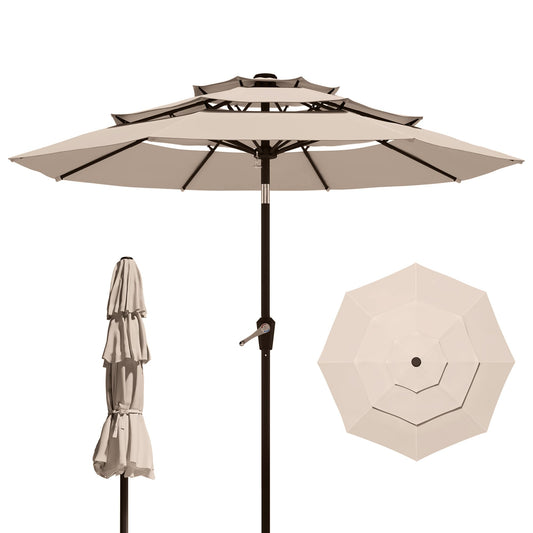 Tobeos 9FT 3 Tiers Patio Umbrella With Auto Tilt And Crank, Outdoor Table Market Umbrella with 8 Sturdy Ribs for Garden, Lawn, Deck, Backyard and Pool (Beige)