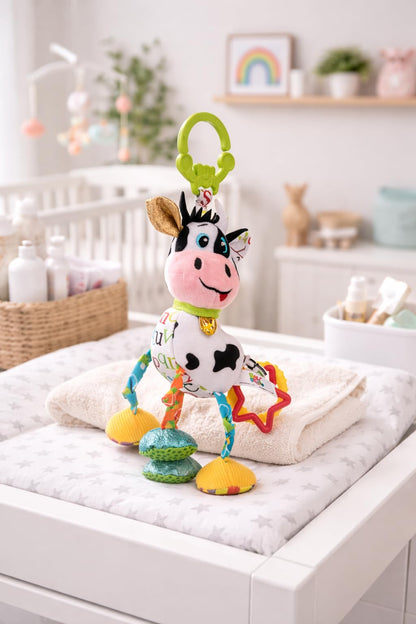 Balibazoo Caesar The Cow Hanging Toy - Developmental Sensory Rattle for Babies 0-24 Months | Vibrating Pull, Crinkle Sounds, BPA-Free Teether | Clips to Stroller, Car Seat | Soft Plush Baby Toy