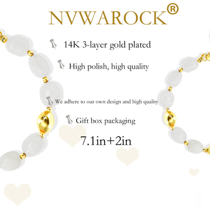 NVWAROCK Beaded Bracelet for Women, Gemstone Bracelet, 14K Gold Plated Stackable Handmade Oval Stone Bracelet Jewelry Gift - White
