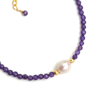 Gempires Amethyst Beaded Bracelet with Pearl Choker Crystal Jewelry Lightweight February Birthstone Gifts Hypoallergenic 7.5 Inch Gold Plated Trendy Fashion Everyday Wear Jewelry