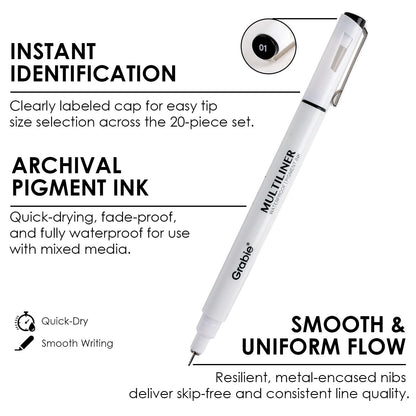 Grabie Micro Finerliner Pens, 6 Archival Black Ink Waterproof Drawing Pens, Assorted Point Sizes for Sketching, Illustration, Journaling, Art Supplies