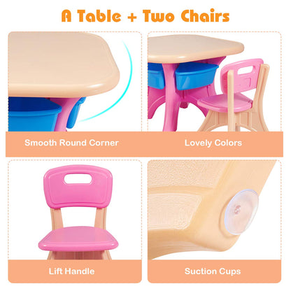 KOTEK Kids Table and Chair Set with Storage Bin, 3 Piece Activity Table Set with 2 Chairs for Toddler, Children Art Crafts Study Desk for Reading, Drawing, Painting (Pink)
