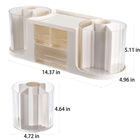 KLIONGO Rotating Desk Organizer with 2 Pen Holder, Desk Organizers and Accessories with 10 Slots Pencil Holder for Desk + 3 Drawer, Art Supply Storage Box Caddy for Office School Home (White)