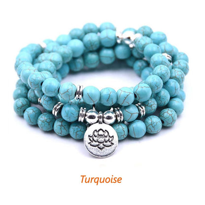 oasymala 108 Mala Beads Bracelet Necklace - Gemstone Prayer Beads with Lotus Charm for Meditation & Yoga (Turquoise)