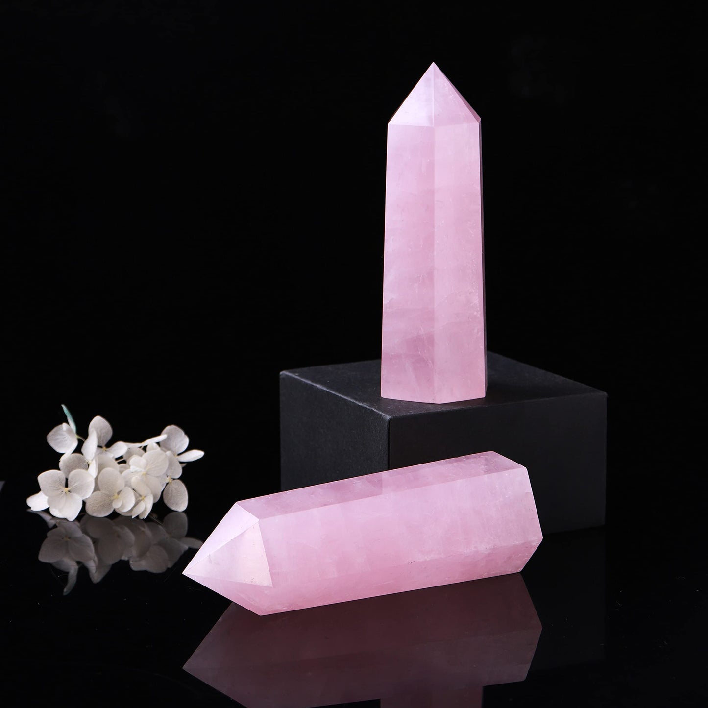 Runyangshi Large Rose Quartz Natural Healing Crystal Wand 4.72"-5" Crystals Tower 6 Faceted Single Point Crystal Prism Wand Natural Stones for Meditation Reiki Chakra Therapy Home Decor Gift