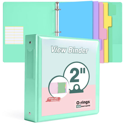 3 Ring Binder 2 inch，Cute Binder Organizer with 5 Tab Dividers Fits 175 Sheets of 8.5x11 Paper, Customizable Clear Cover with Inside Pockets, Aesthetic 2" Three Ring Binders for School Office，Green
