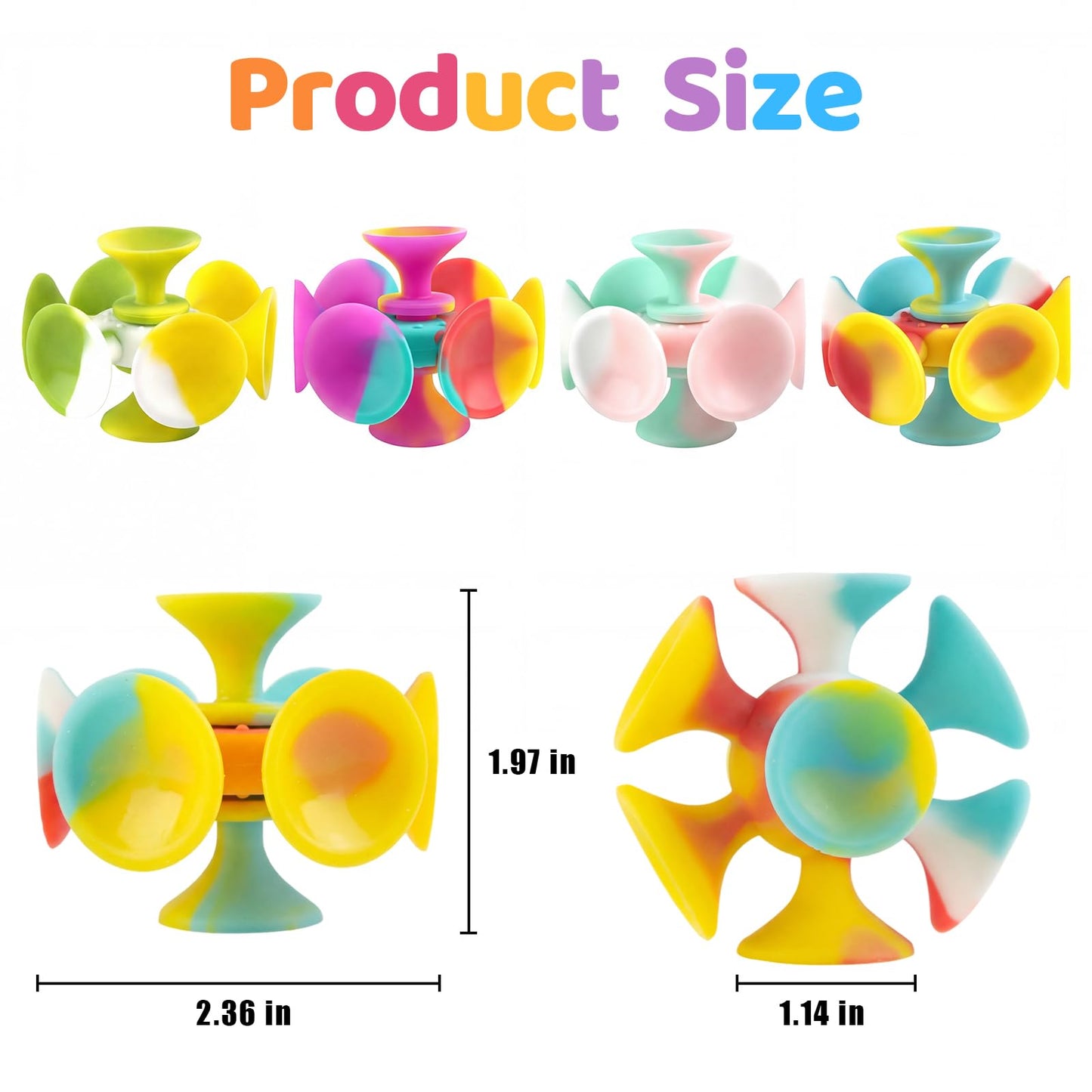 Kiditos Suction Cup Spinner Toys, 4 Pack Sensory Fidget Toys for Toddlers, Kids & Adults, Screen-Free Stick and Spin Toy for Window, Table, Bathtub, Car Rides, Travel, Office Desk, Party Play