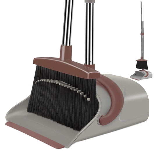 Ivandar Broom with Dustpan Combo Set, 50.6 inch Long Handle, Upright Standing Broom and Dustpan Set Quiet Cleaning Tool Sweep the Floor Dust pan Removes 4 Times More Pet Hair(Brown and Gray)