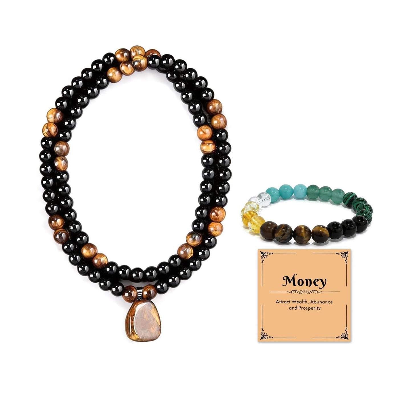 Money Necklace Bracelet Jewelry Set for Women Men Money Attraction Green Beaded Tiger Eye Feng Shui Good Luck Wealth Jade Healing Crystal Stone Long Sweater Chain Anniversary Vacation Jewelry Gifts