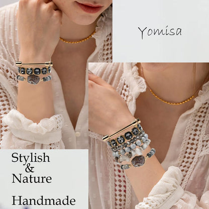 Yomisa Boho Beaded Bracelets/Bangle for Women,Multilayer Wrap 6PCS Healing Natural Jasper Stone Bead Bracelets Stackable Friendship Stretch Beaded Bracelet Set Trendy Bohemian Jewelry Gift,Silver Gold