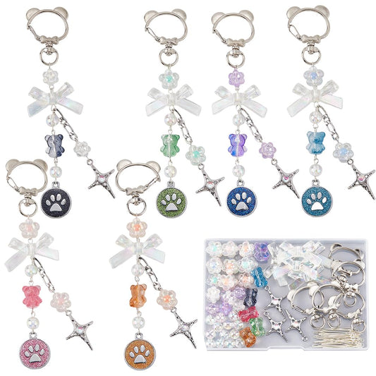 SUNNYCLUE 1 Box DIY 6 Sets Bear Bag Charms Keychain Making Kits Colorful Little Bear Bead Animal Paw Print Teddy Bead Keyring Charms for Purse Backpack Handbag Decor Pendant DIY Kit Women Accessories