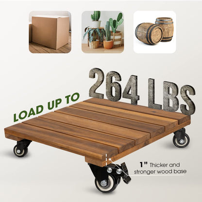 2pack Wood Plant Caddy With Wheels Heavy Duty, 264 Lbs Capacity, Upgraded 12 Inch Acacia Hardwood Plant Dolly, Plant Stand with 360° Lockable Wheels, Plant Caster for Heavy Objects Hauling - Natural Wood