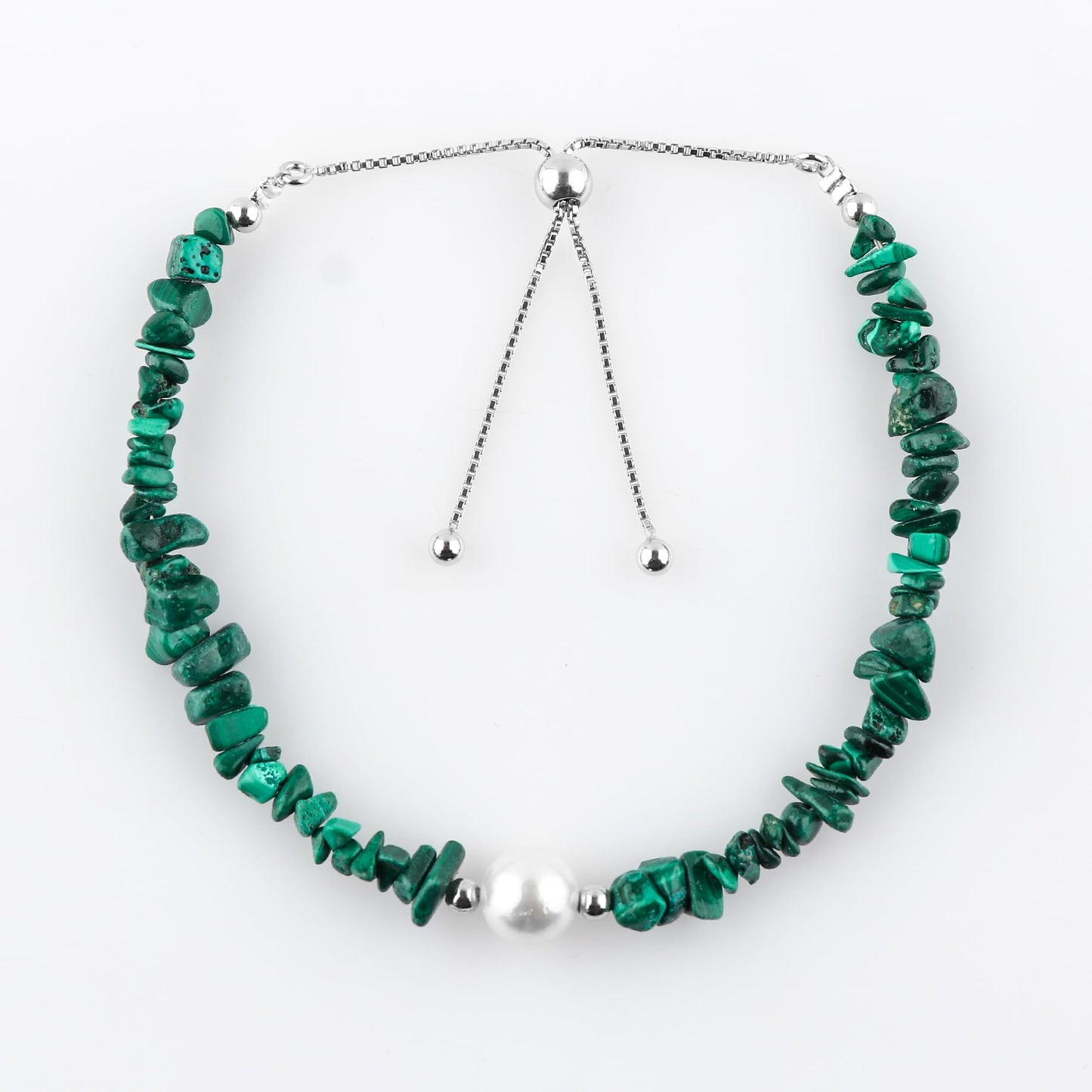 CRYSTALIS Natural Malachite Beads Slider Bolo Bracelet with Elegant Pearl, High Grade Nuggets Crystal, Chakra Healing Gemstone, Gift Giving Women Jewelry, 925 Sterling Silver Slider 10 inch