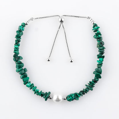 CRYSTALIS Natural Malachite Beads Slider Bolo Bracelet with Elegant Pearl, High Grade Nuggets Crystal, Chakra Healing Gemstone, Gift Giving Women Jewelry, 925 Sterling Silver Slider 10 inch