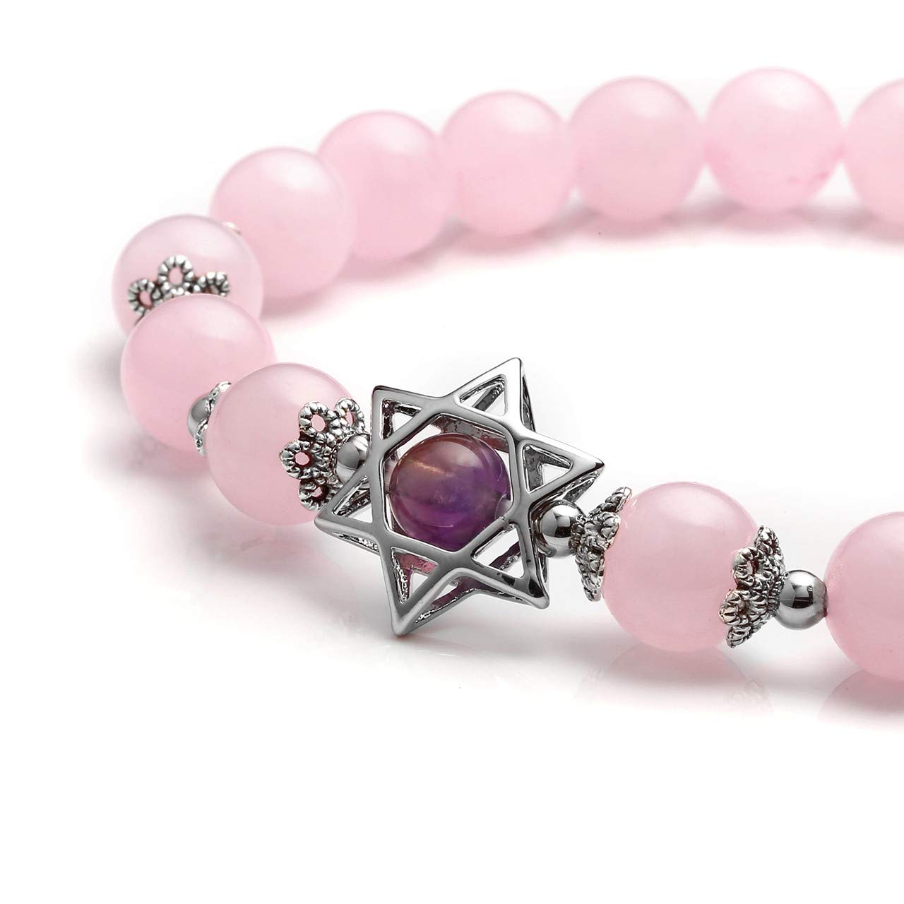 Jovivi 2pcs Natural Semi Precious Gemstone Amethyst Rose Quartz Crystal Bracelets Set Handmade Healing Stone Beads Beaded Stretch Bracelet for Women