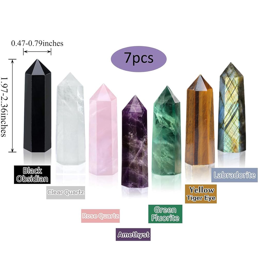 7PCS 2.2-2.6" Natural Crystals Tower Figurine Ornaments Polishing Rose Quartz Amethyst Stone Hexagonal Point Wand Obelisk Statue for Aquarium Decorative Rocks Gifts Home Decor(2.2inch/7pcs)