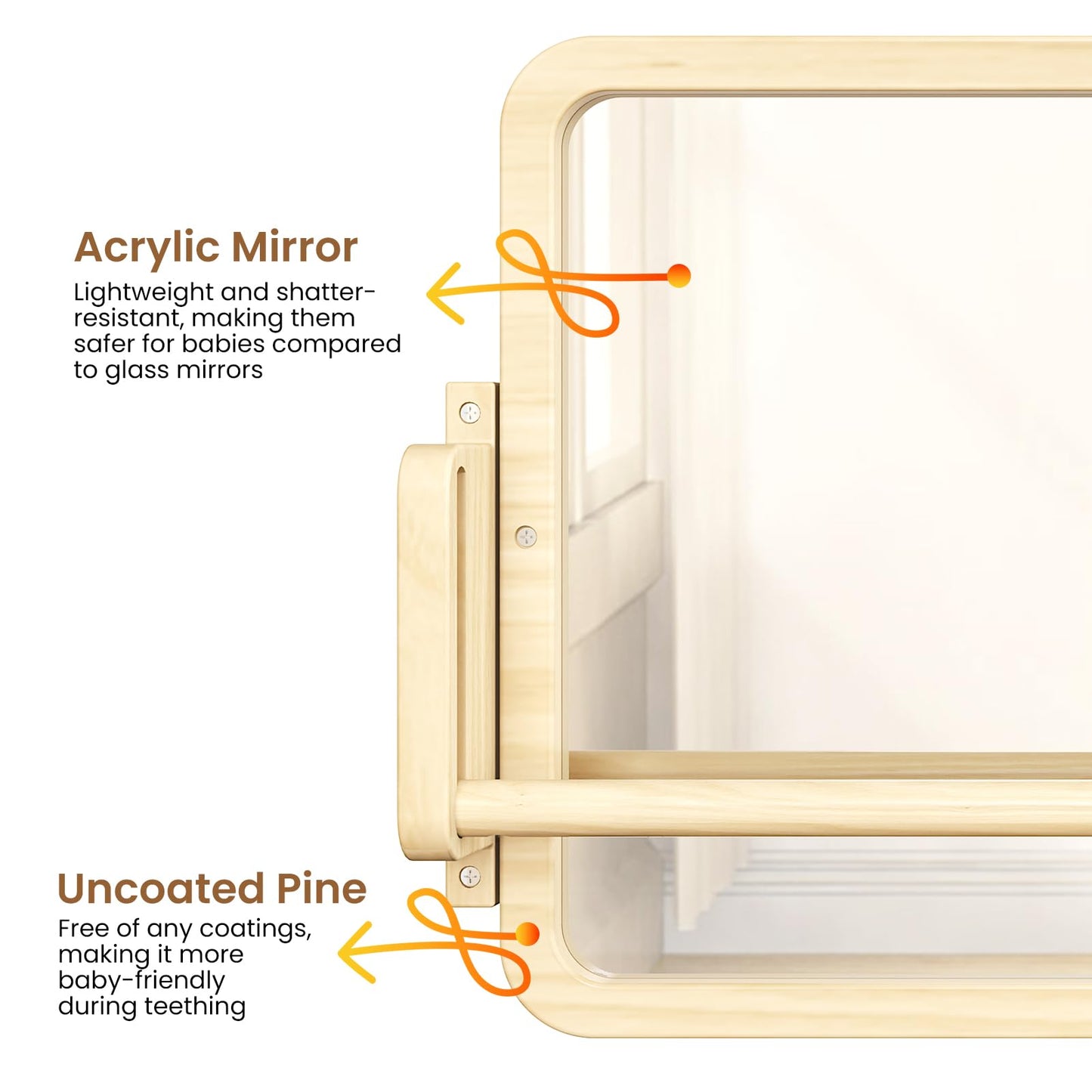 Woodtoe 3-in-1 Montessori Mirror with Bar, Adjustable Toddler Mirror & Pull Up Bar, Montessori Learning Toy for Baby 6-18 Months, Nursery Mirrors, Natural Wood Furniture for Daycare, Kids Classroom
